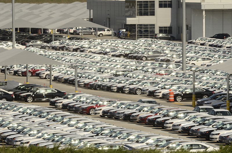 New cars await shipment at the Chattanooga Volkswagen plant in this file photograph.