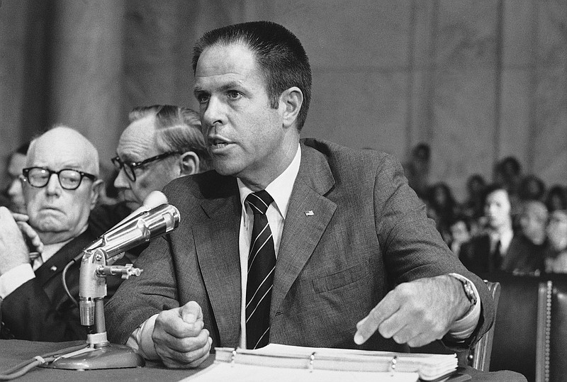 
              FILE - In this July 31,1973, file photo, H.R. Haldeman, a former top aide to President Richard Nixon, testifies before the Senate Watergate Committee in Washington. The Richard Nixon Presidential Library & Museum is declassifying and releasing 285 segments from an audio diary kept by Haldeman, from 1970 to 1973. (AP Photo/File)
            