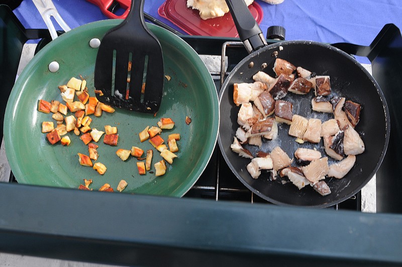 Chicken of the woods, left, and shiitake mushrooms are best cooked slow over low heat.