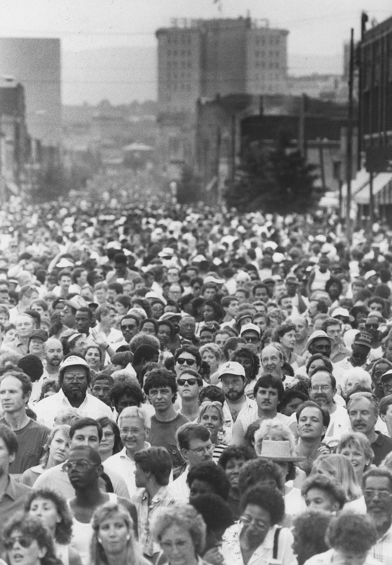 The Bessie Smith Strut, originally called the Bessie Smith Jazz Strut, on Ninth Street, now M.L. King Boulevard, was a hit from the start with people who enjoyed the mix of cultures, the blues, barbecue and beer. This photo is taken from the railroad trellis on MLK looking back toward the Chubb Life building.