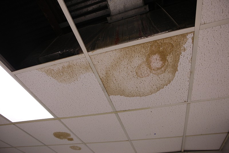 A water-damaged ceiling is seen in 2012 in art teacher Kari Garrett's classroom at Lake Forest Middle School in Bradley County.