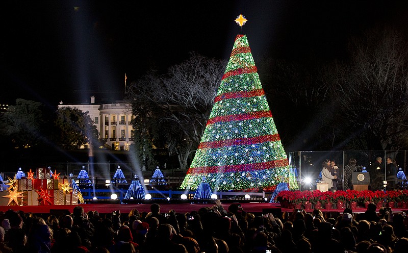 
              President Barack Obama and the first family stands,  right, after lighting the 2014 National Christmas Tree during the National Christmas Tree lighting ceremony at the Ellipse near the White House in Washington, Thursday, Dec. 4, 2014. (AP Photo/Carolyn Kaster)
            