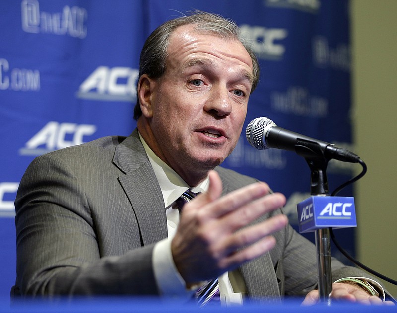 
              Florida State head coach Jimbo Fisher answers a question during a news conference for the Atlantic Coast Conference championship NCAA college football game in Charlotte, N.C., Friday, Dec. 5, 2014. Florida State faces Georgia Tech on Saturday. (AP Photo/Chuck Burton)
            