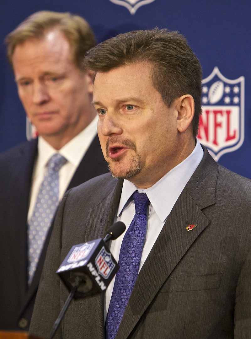 
              Arizona Cardinals President and Chairman of the NFL's new Conduct Committee, Michael Bidwill, speaks at an NFL press conference announcing new measures for the league's personal conduct policy during an owners meeting, Wednesday, Dec. 10, 2014, in Irving, Texas. At left is NFL commissioner Roger Goodell. (AP Photo/Brandon Wade)
            