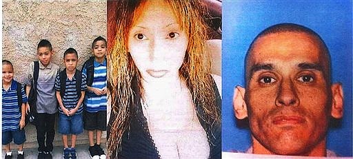 This combination photo released by the Montebello, Calif., Police Department shows the Perez family, who have been missing from their Montebello home since Friday, Dec. 5, 2014. Authorities are searching for Daniel and Erica Perez, a couple with a troubled and violent marriage, and their four sons, Jordan, 11, Jaiden, 9, Tristan, 8, and Alex, 6. A police statement said neither parent is returning phone messages and the father hasn't showed up for work for two days. Family members tell police the marriage was unstable and there's a history of domestic violence. Montebello is about 15 miles east of downtown Los Angeles. 
