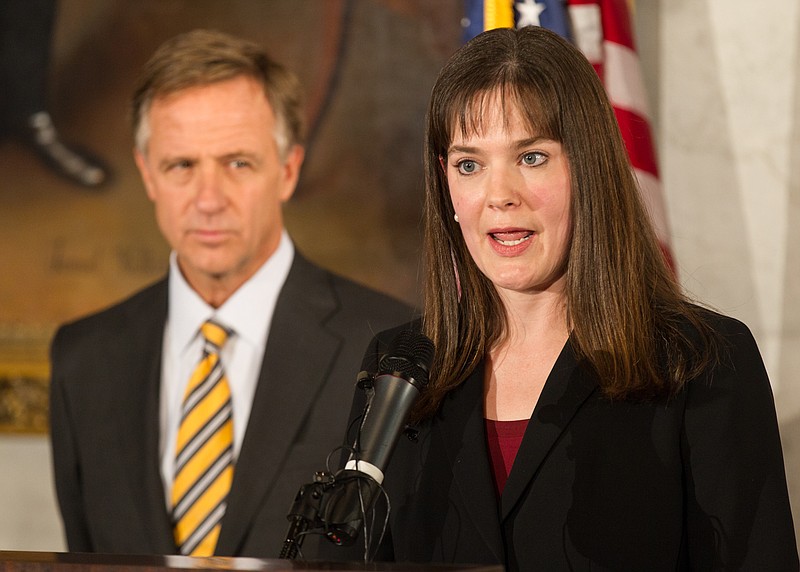 Candice McQueen speaks to reporters after Gov. Bill Haslam introduced her as his new education commissioner in Nashville on Dec. 17, 2014.
