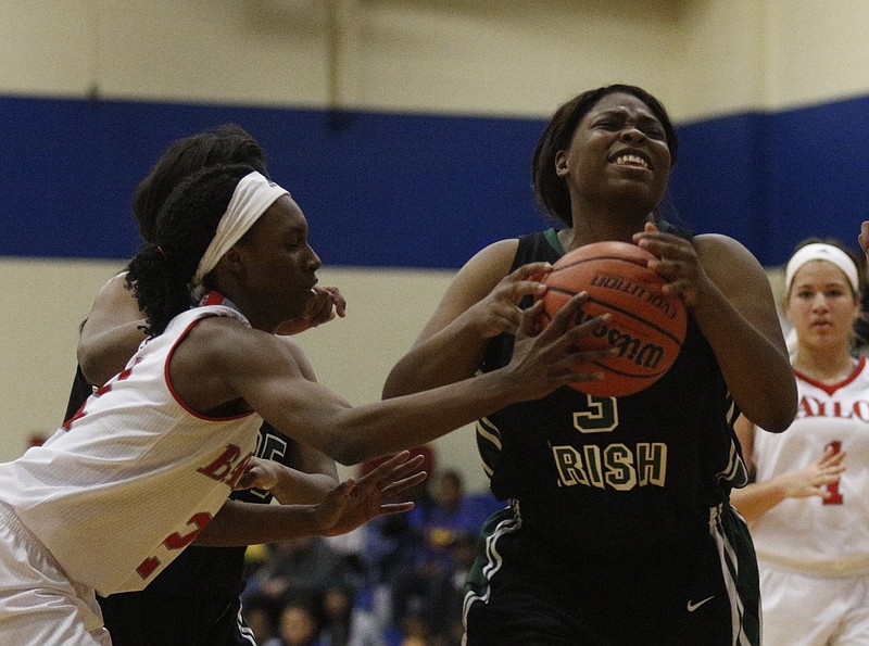 Notre Dame's Morgan Cantrell, right, has the ball knocked free by Baylor's JuToreyia Willis during their Best of Preps Basketball Tournament semifinal game on Dec. 27, 2014, at Chattanooga State Technical Community College. Baylor won 63-24.
