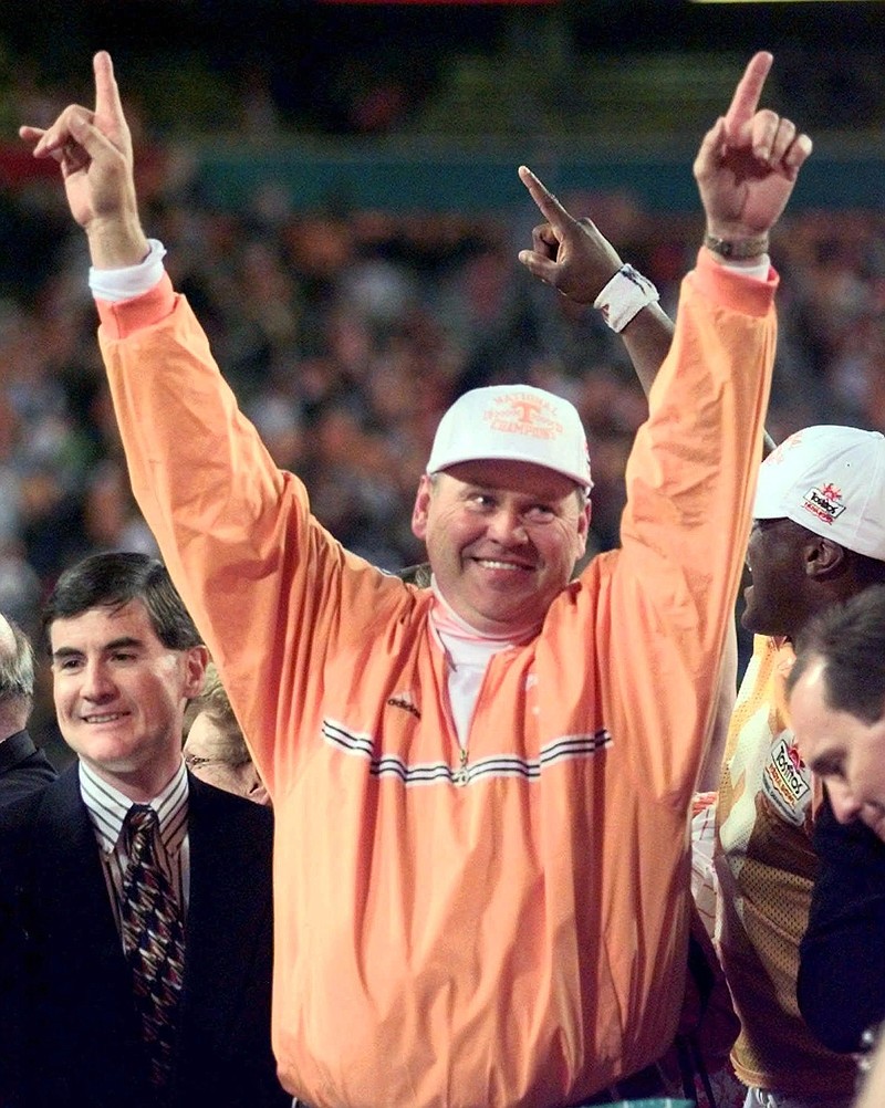 Tennessee coach Phil Fulmer signals number one after the Volunteers beat the Florida State Seminoles in the Fiesta Bowl at Sun Devil Stadium in Tempe, Ariz., in this Jan. 4, 1999 photo. 