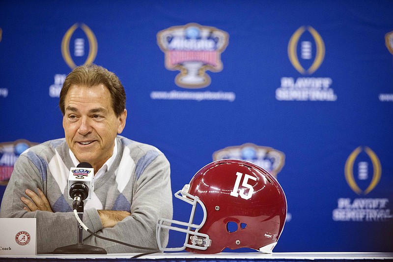 Alabama head coach Nick Saban laughs at a question during media day for the Sugar Bowl NCAA college football game at the Mercedes-Benz Superdome in New Orleans, Tuesday. Alabama lost to Ohio State in the college football playoffs.