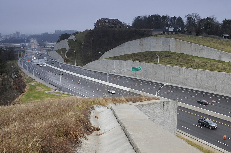 In this view looking south from Stringer's Ridge, reconstruction of U.S. Highway 27 north of the Olgiati Bridge is nearing completion. It was a three-year lane-widening project.