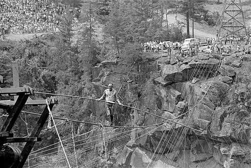 High wire artist Karl Wallenda nears the end of his walk on a high wire across the gorge, 750-feet high, at Tallulah Falls, Ga., in this 1970 file photo.