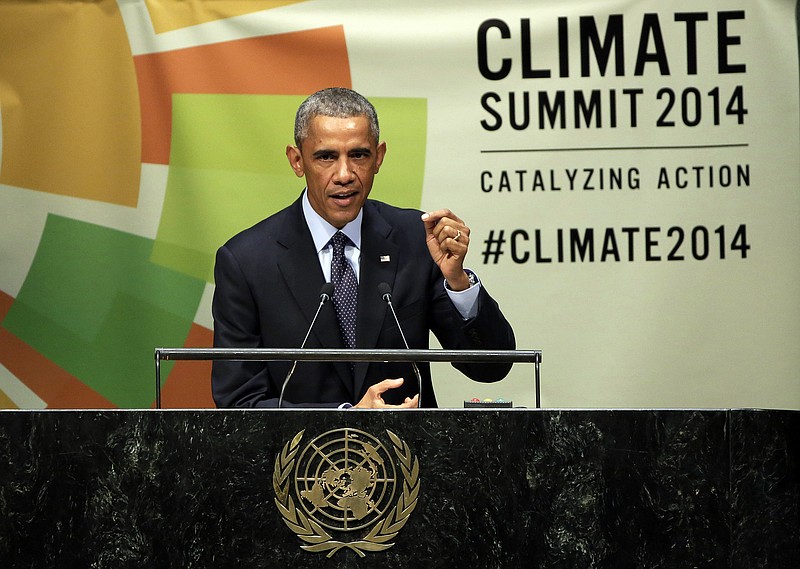 President Barack Obama addresses the 2014 Climate Summit, at United Nations headquarters. Obama's ambitious efforts to combat global warming face their biggest trial yet as Republicans take full control of Congress in 2015. Republicans have promised to start fast and forceful, sending Obama a barrage of bills to roll back his environmental rules and force his hand on energy development. It's the first order of business for GOP leaders, who will be able to send bills to Obama's desk unimpeded by Senate Democrats for the first time in Obama's presidency.