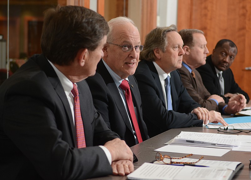 William Kilbride, president and CEO of the Chattanooga Area Chamber; Craig A. Becker, president and CEO of the Tennessee Hospital Association; Bill Gracey, president and CEO of BlueCross BlueShield of Tennessee; Roy Vaughn, vice president of corporate communications for BlueCross BlueShield of Tennesse; and Calvin Anderson, senior vice president of corporate affairs and chief of staff of Blue Cross Blue Shield of Tennessee, from left, participate in a meeting with the Chattanooga Times Free Press editorial board Wednesday.