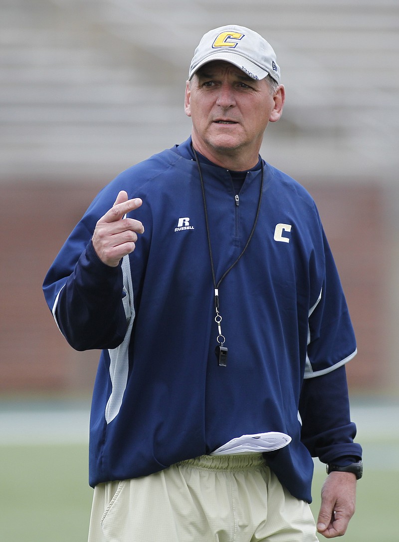 UTC head football coach Russ Huesman during the Mocs' spring football scrimmage Friday, March 28, 2014, at Finley Stadium in Chattanooga, Tenn.