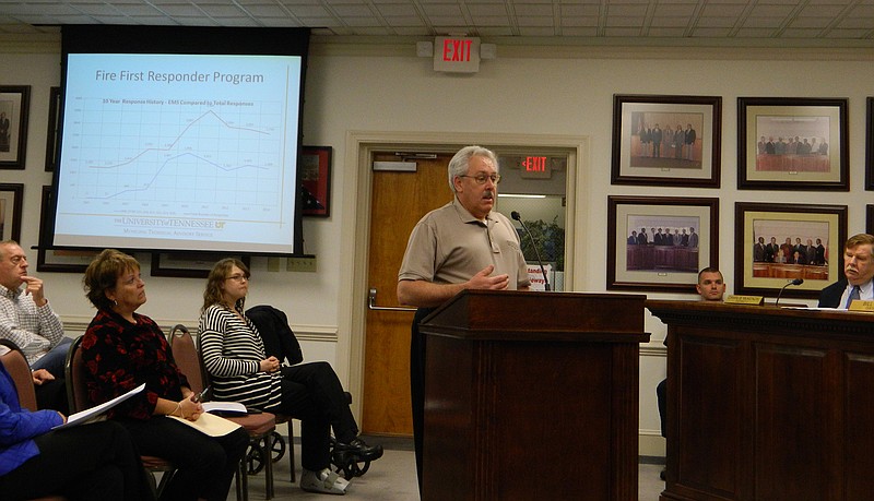 During Monday's Cleveland City Council meeting, Dennis Wolf, a fire management consultant with the Municipal Technical Advisory Service, reviews the results of a study regarding the possibility of the Cleveland Fire Department providing emergency ambulance services.