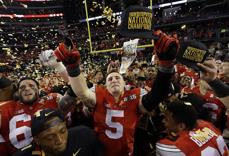 
              Ohio State's Jeff Heuerman after the NCAA college football playoff championship game against Oregon Monday, Jan. 12, 2015, in Arlington, Texas. Ohio State won 42-20. (AP Photo/David J. Phillip)
            