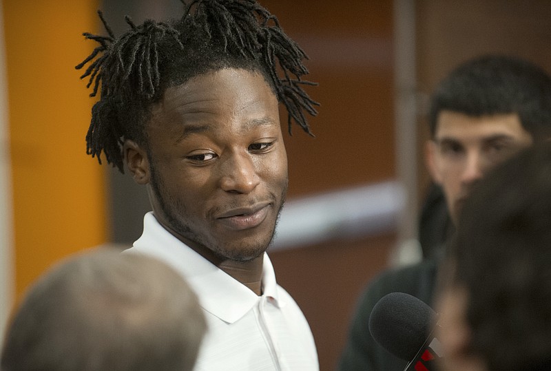 Tennessee running back Alvin Kamara is introduced to the media Tuesday, Jan. 13, 2015, in Knoxville.