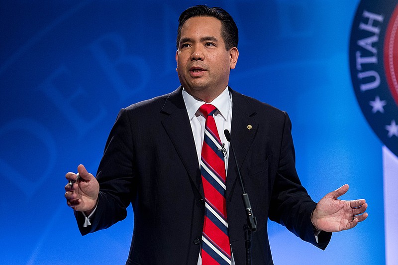 Sean Reyes speaks during his debate with Charles Stormont as the Utah Attorney General hopefuls debate at KBYU Studios in Provo, Utah, in this Oct. 1, 2014, file photo. Reyes says he secretly traveled to South America to play a role in a sex-trafficking sting operation in order to help fight the crime before victims end up in Utah.