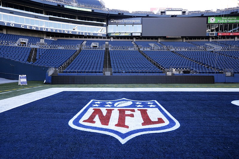 A freshly painted NFL football logo is shown in the south end zone of CenturyLink Field in Seattle in this Jan. 14, 2015, photo.