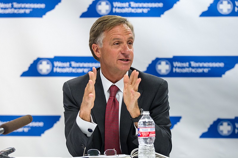 Republican Gov. Bill Haslam presides over a meeting at the Jackson-Madison County General Hospital in Jackson, Tenn., about his proposal to extend health coverage to 200,000 low-income Tennesseans, on Jan. 21, 2015.