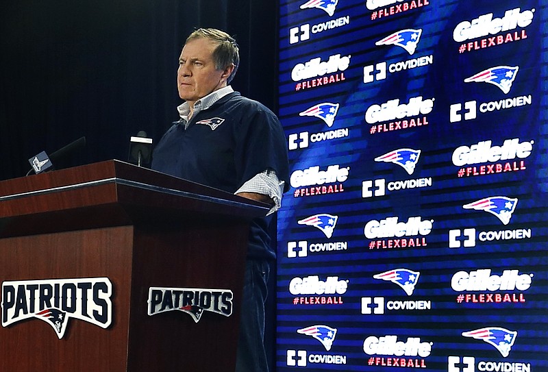 New England Patriots football head coach Bill Belichick speaks during a news conference prior to a team practice in Foxborough, Mass., on Jan. 22, 2015. Belichick addressed the issue of the NFL investigation of deflated footballs.