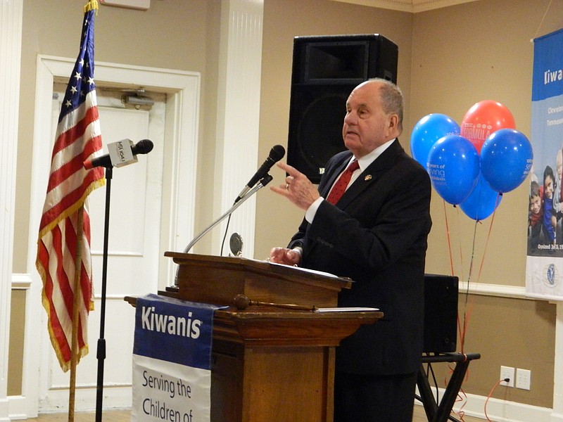 Cleveland, Tenn., Mayor Tom Rowland gives his 2015 State of the City address during a recent meeting of the Kiwanis Club of Cleveland.