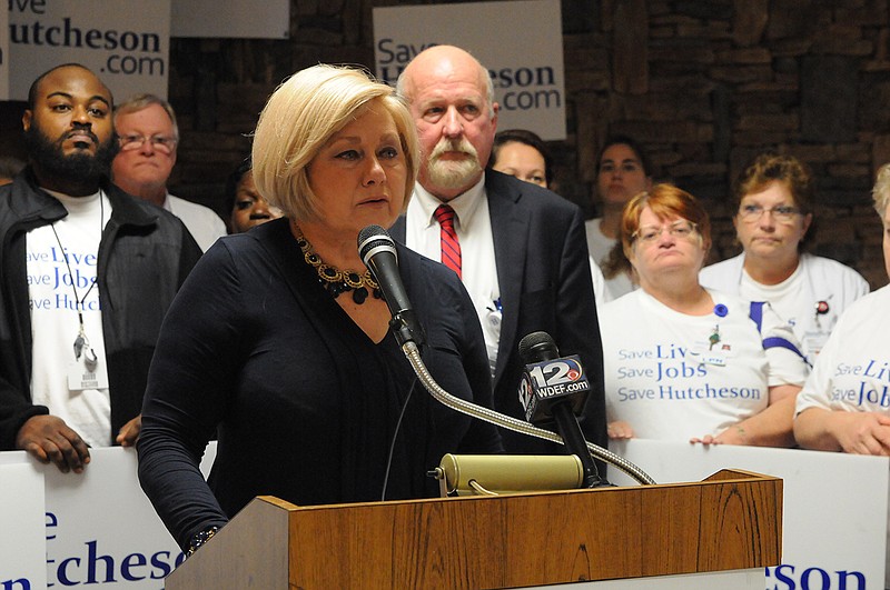 Walker County Commissioner Bebe Heiskell speaks to hospital employees in the lobby of Hutcheson Medical Center in this Oct. 14, 2014, file photo.