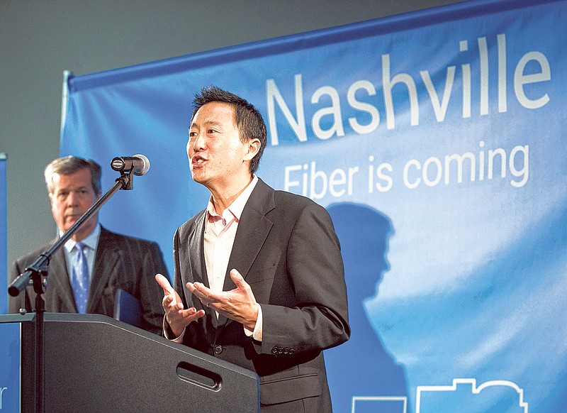 Kevin Lo, the general manager of Google's fiber-optic Internet services, announces during a news conference in Nashville on Tuesday that the city is among four metro areas selected to gigabit-speed connection.