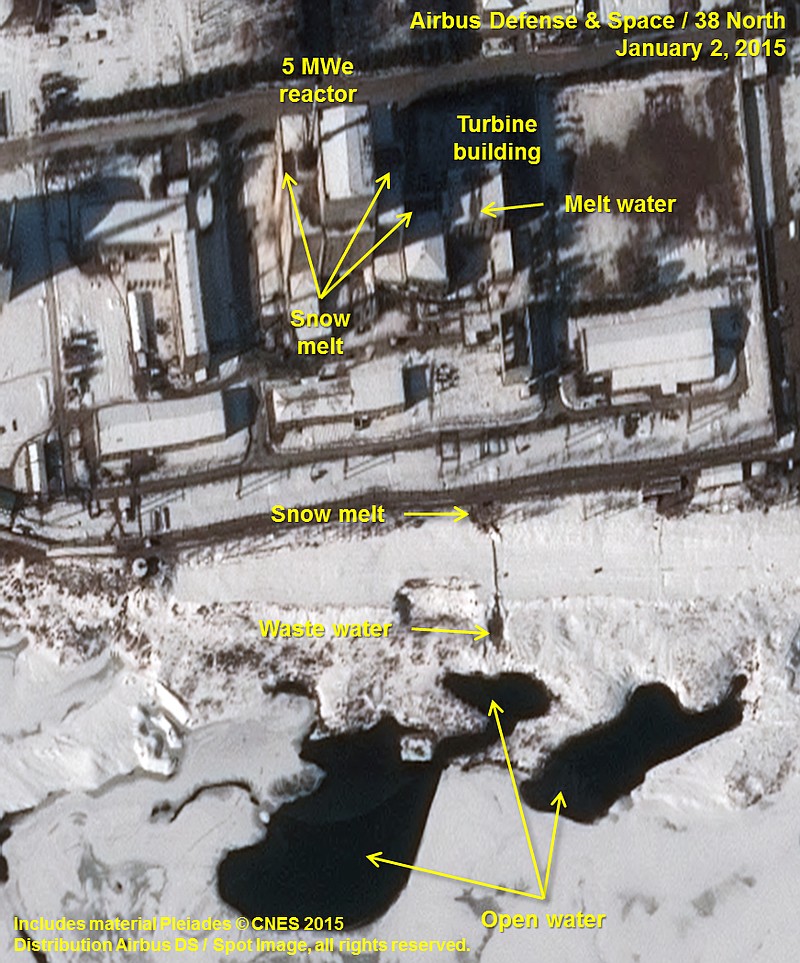 
              This Jan. 2, 2015, image provided by Airbus Defense and Space, Spot Image, and Pleiades - CNES via 38 North, a website specializing in analysis of North Korea, at the U.S.-Korea Institute at the Johns Hopkins School of Advanced International Studies shows an annotated satellite photo indicating signs of new activity at the 5 MWe Plutonium Production Reactor at North Korea’s Nyongbyon Nuclear Scientific Research Center. The U.S.-Korea Institute at Johns Hopkins School of Advanced International Studies said on Thursday, Jan. 29, 2015, that North Korea may be attempting to restart its main nuclear bomb fuel reactor after a five-month shutdown.  (AP Photo/Airbus Defense and Space, Spot Image, Pleiades - CNES via 38 North)
            