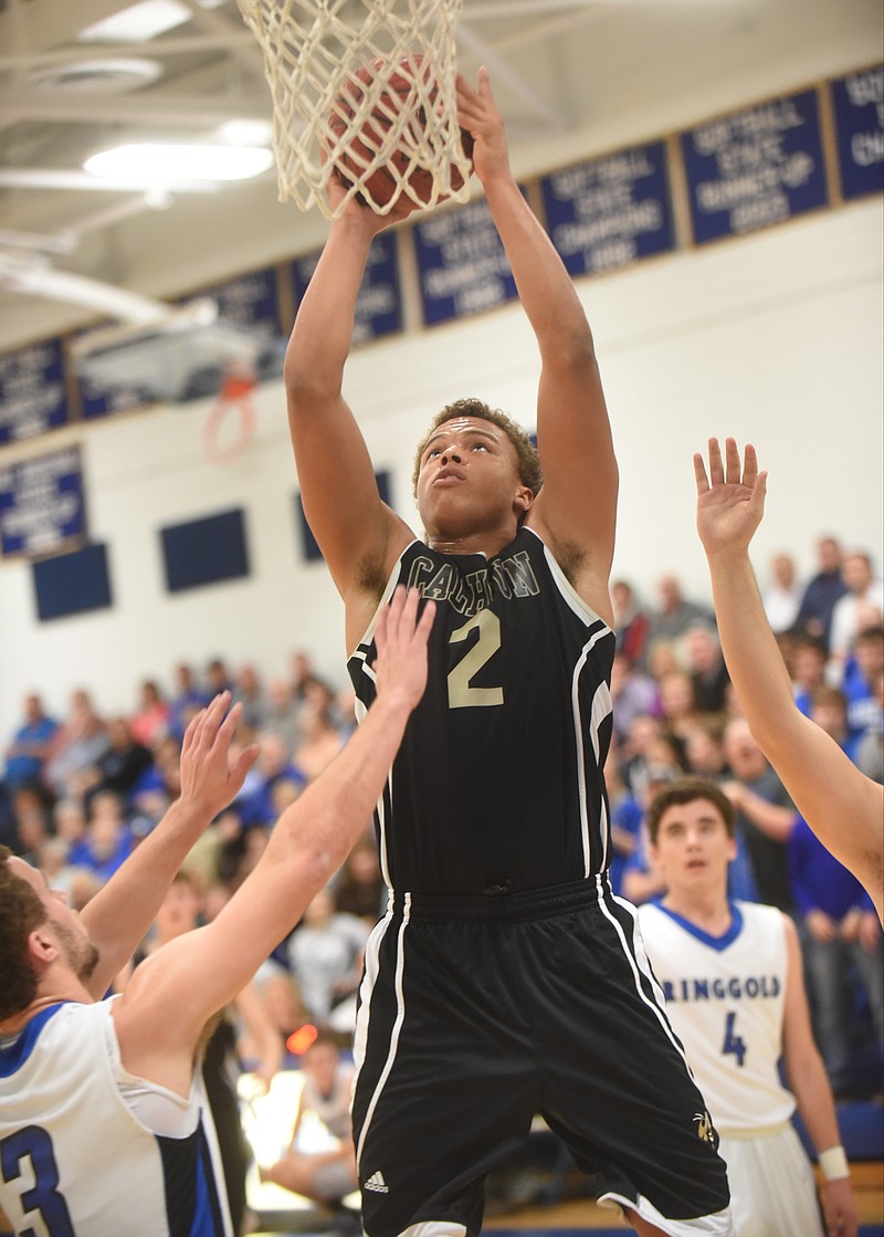 Calhoun's Kaelen Riley takes a shot in his game against Ringgold in this 2014 photo.