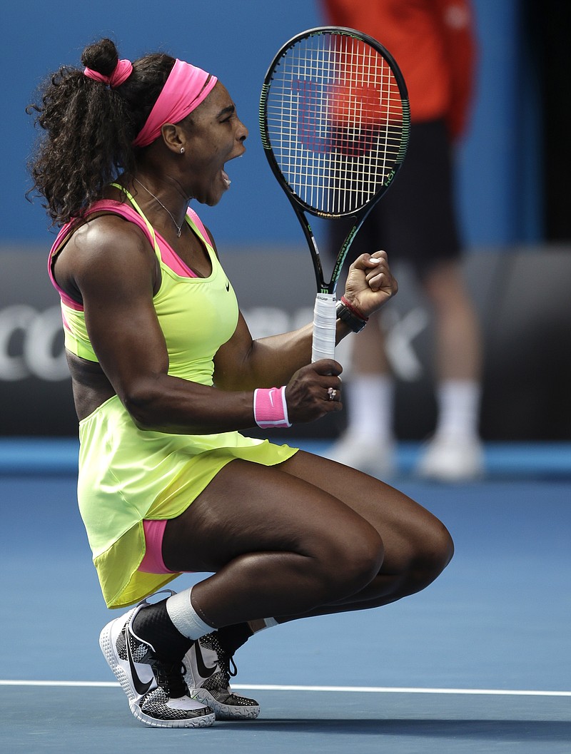 
              Serena Williams of the U.S. celebrates after defeating her compatriot Madison Keys in their semifinal match at the Australian Open tennis championship in Melbourne, Australia, Thursday, Jan. 29, 2015. (AP Photo/Bernat Armangue)
            