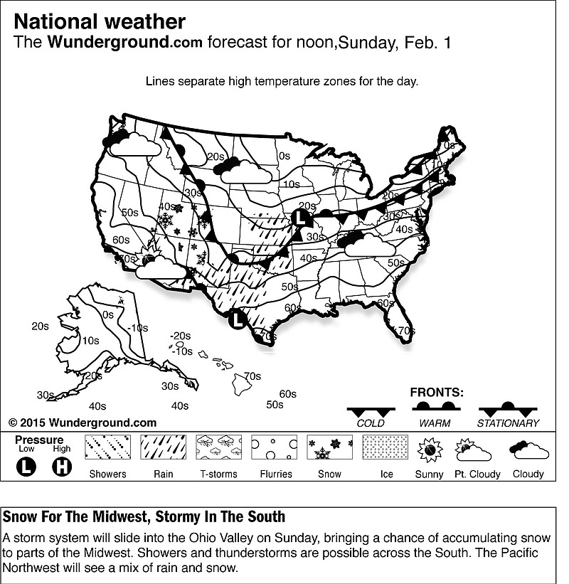 
              A storm system will slide into the Ohio Valley on Sunday, Feb. 1, 2015 bringing a chance of accumulating snow to parts of the Midwest. Showers and thunderstorms are possible across the South. The Pacific Northwest will see a mix of rain and snow. (AP Photo/Weather Underground)
            