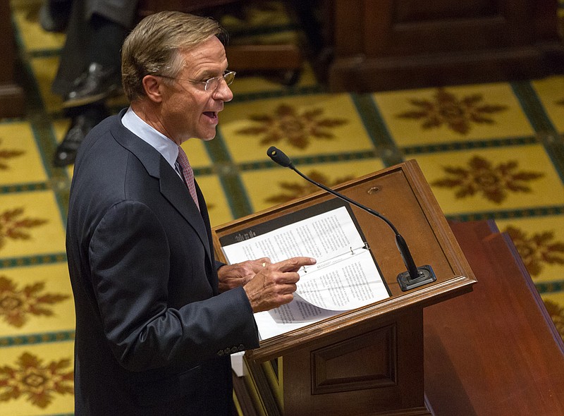 Republican Gov. Bill Haslam addresses state lawmakers at the state Capitol in Nashville on Monday, Feb. 2, 2015.