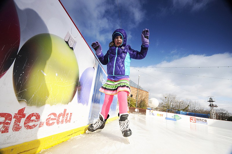 Chloe Uselton, 6, is the last ice skater for the season Monday, according to Ice on the Landing manager Barry Cole. "They just showed up and thought it was the last day. We had to close Sunday because of rain and we've already turned off the unit," Cole said. Next year the ice rink is slated to be twice as large to accommodate more skaters, according to Cole.