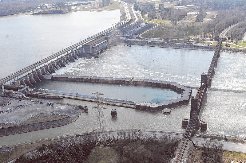 Work on the Chickamauga lock is stagnant in this February 2014 view below the Chickamauga Dam.