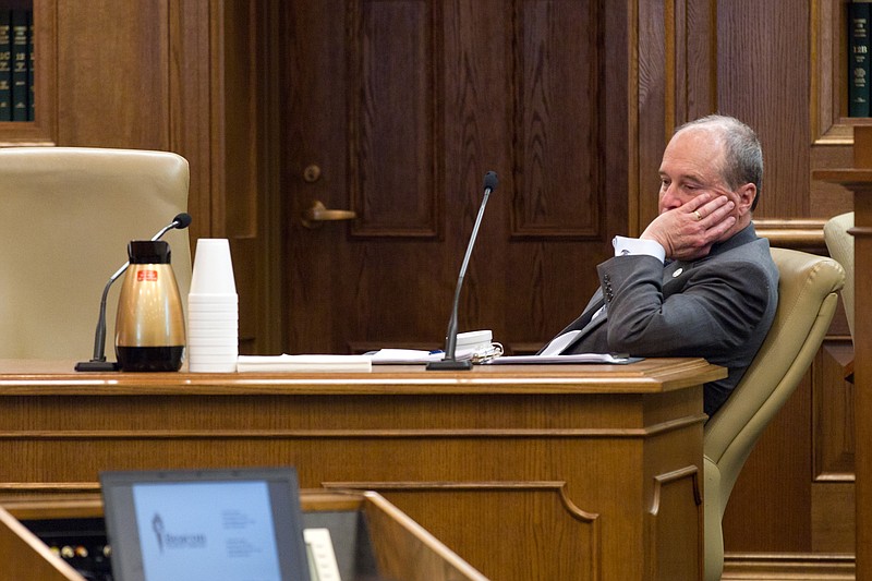 Sen. Doug Overbery, R-Maryville, the sponsor of Gov. Bill Haslam's Insure Tennessee proposal, attends a Senate Health Committee hearing on the measure in Nashville, Tenn., on Wednesday, Feb. 4, 2015. Overbey became the sponsor of the measure after Senate Republican leader Mark Norris of Collierville declined to carry it for the governor.