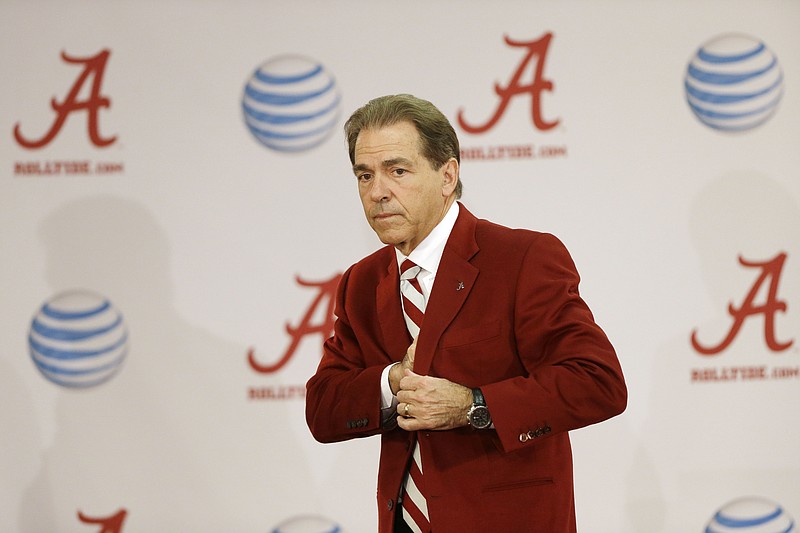 Alabama head coach Nick Saban speaks to the media during an NCAA football national signing day press conference on Feb. 4, 2015, in Tuscaloosa, Ala.