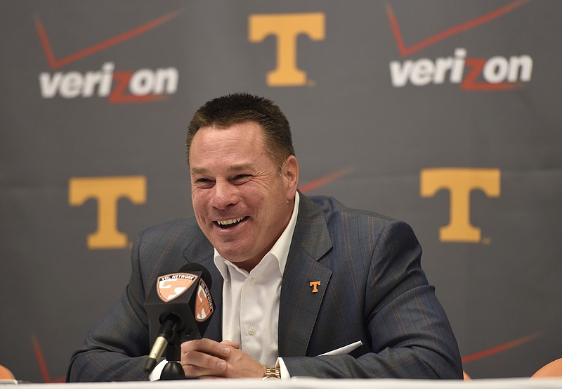University of Tennessee football coach Butch Jones talks about the 2015 recruitment class on National Signing Day on Feb. 4, 2015, in Knoxville.