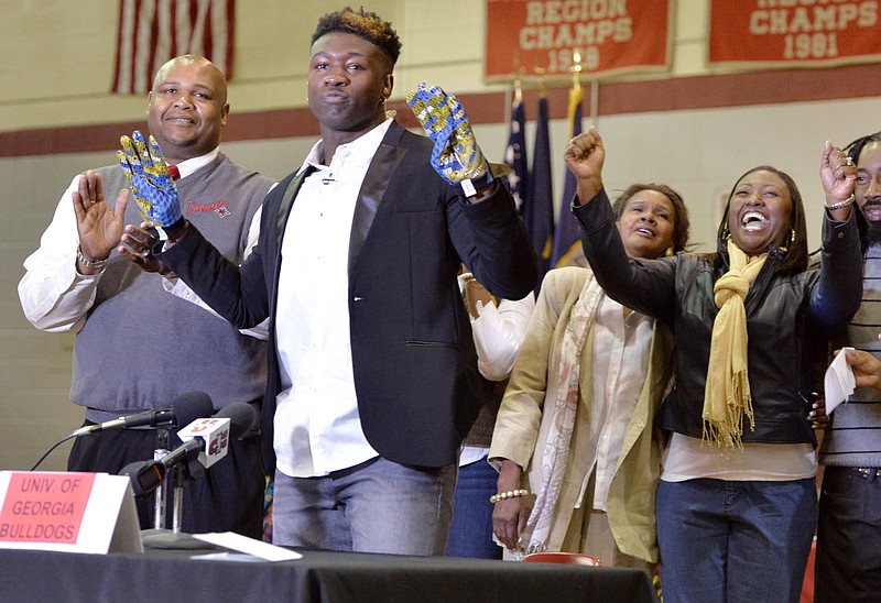 Macon County star linebacker Roquan Smith announces he is attending UCLA during a national signing day event at the school's gymnasium on Feb. 4, 2015, in Montezume, Ga. 