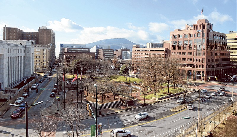 A view of Miller Park and the surrounding area in downtown Chattanooga is shown.