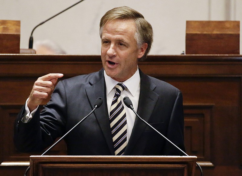 
              FILE - In this Feb. 9, 2015 file photo, Gov. Bill Haslam delivers his annual State of the State address to the Tennessee Legislature in Nashville, Tenn.  Years of Republican attacks on President Barack Obama’s health care law may have paid dividends at the ballot box, but they also made it much harder for GOP governors to make the case that expanding Medicaid in their states is a good idea.   Haslam corralled the broad support of business groups and the state's powerful health care industry for his plan to cover 280,000 low-income residents. He ended up losing out to a steady drumbeat of anti-Obama rhetoric and threats of primary challenges to Republican lawmakers who considered going along.  (AP Photo/Mark Humphrey)
            