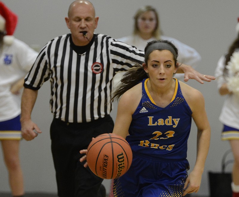 Boyd-Buchanan's Madison Balthrop drives up the court during a neck and neck 45-44 overtime win for Silverdale against Boyd-Buchanan at Silverdale High School in Chattanooga on Thursday, Dec. 18, 2014.