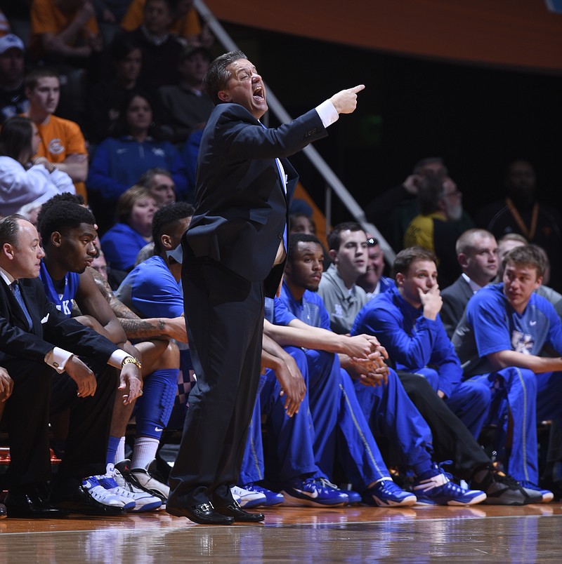 Kentucky coach John Calipari yells on the sideline against Tennessee in the second half of an NCAA college basketball game on Feb. 17, 2015, in Knoxville.