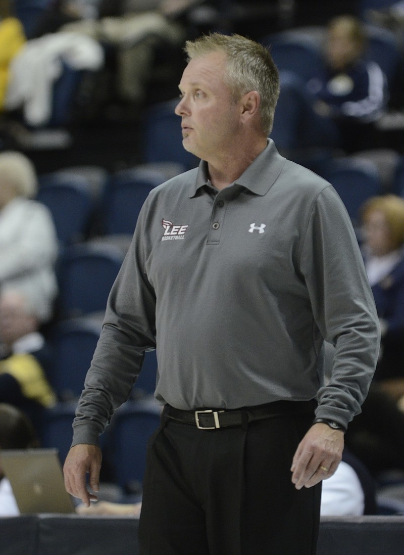 Lee University coach Marty Rowe watches the game against UTC in this 2013 file photo.