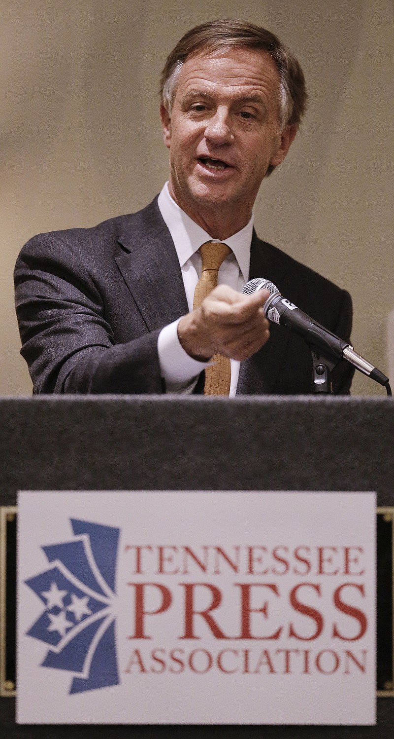 Tennessee Gov. Bill Haslam speaks to the Tennessee Press Association in Nashville in this Feb. 4, 2015, file photo.