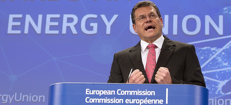 
              European Commissioner for Energy Union Maros Sefcovic speaks during a media conference at EU headquarters in Brussels on Wednesday, Feb. 25, 2015. The European Union has unveiled a vast plan to merge the EU’s 28 national energy markets with the aim of providing cheaper energy for consumers and weaning Europe off Russian gas supplies. (AP Photo/Virginia Mayo)
            