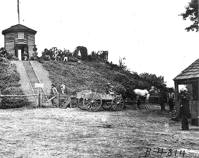 Citico Mound in 1864, complete with staircase, formal garden, gazebo and Union troops.