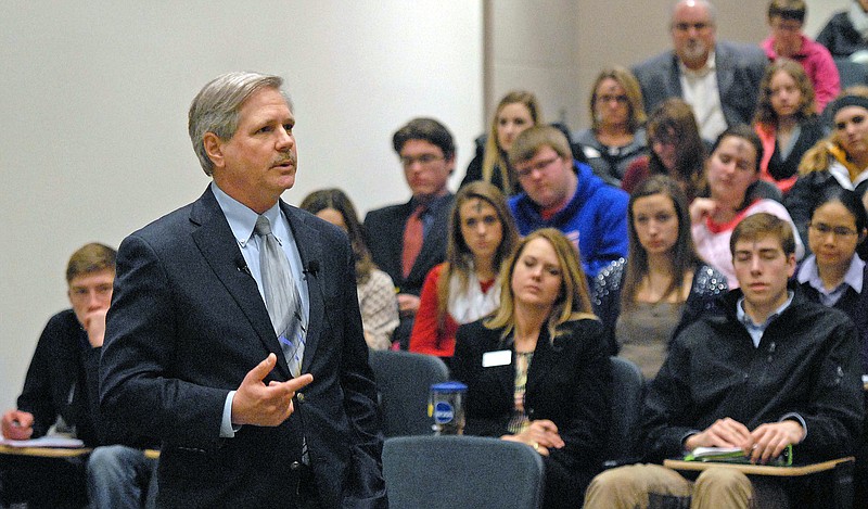 Sen. John Hoeven speaks to students at the University of Mary on Feb. 18, 2015, in Bismarck, N.D. in this file photo.