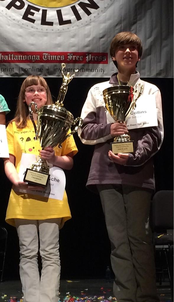 Audrey Frische of Loftis Middle School win at the Times Free Press Regional Spelling Bee. Noah Collins of Baylor is runner-up. 