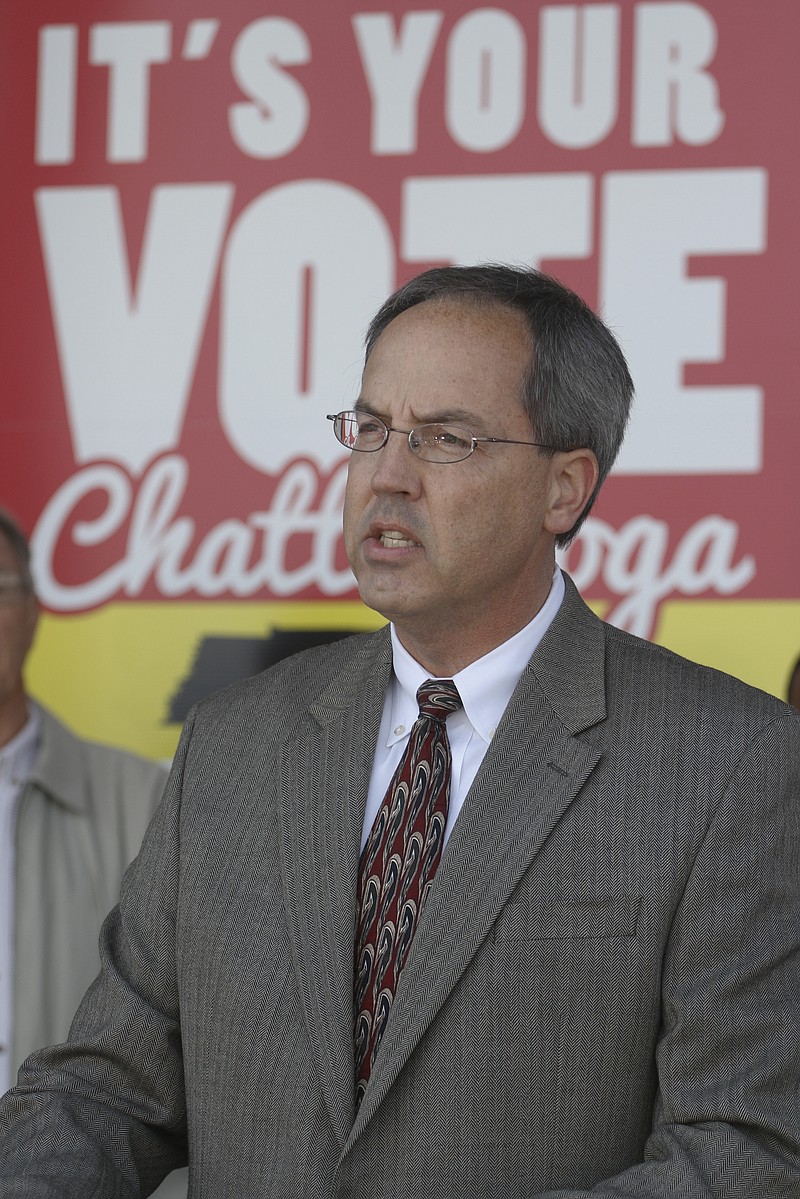  Mark West, president of the Chattanooga Tea Party, speaks to media in this August 8, 2014, file photo. 